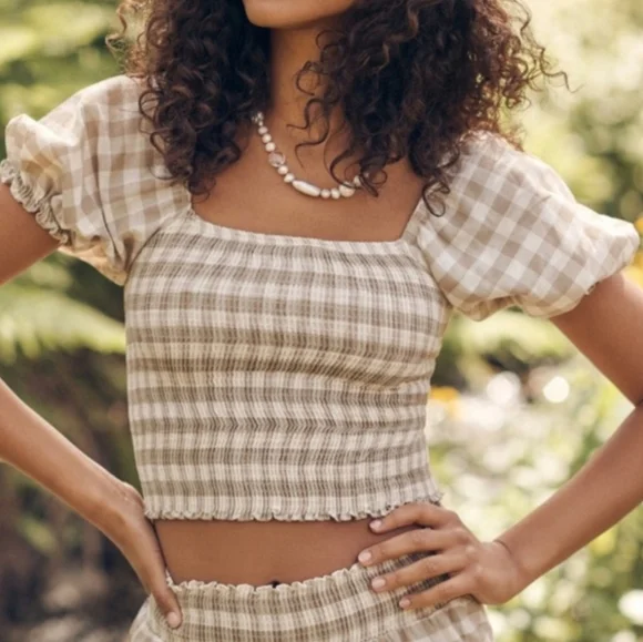 NEW Peixoto Smocked Cream and Tan Gingham Checkered Crop Top Large - Picture 4 of 10